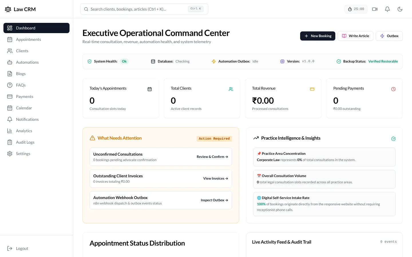 Modern legal scheduling and client CRM dashboard