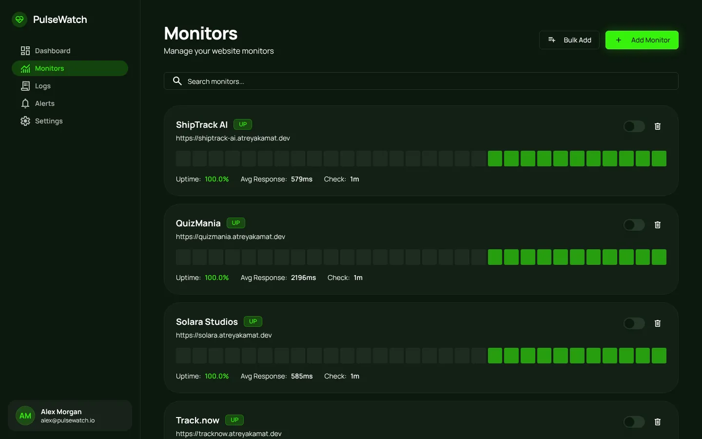 PulseWatch monitors view: live uptime checks with per-check status bars, uptime and average response time