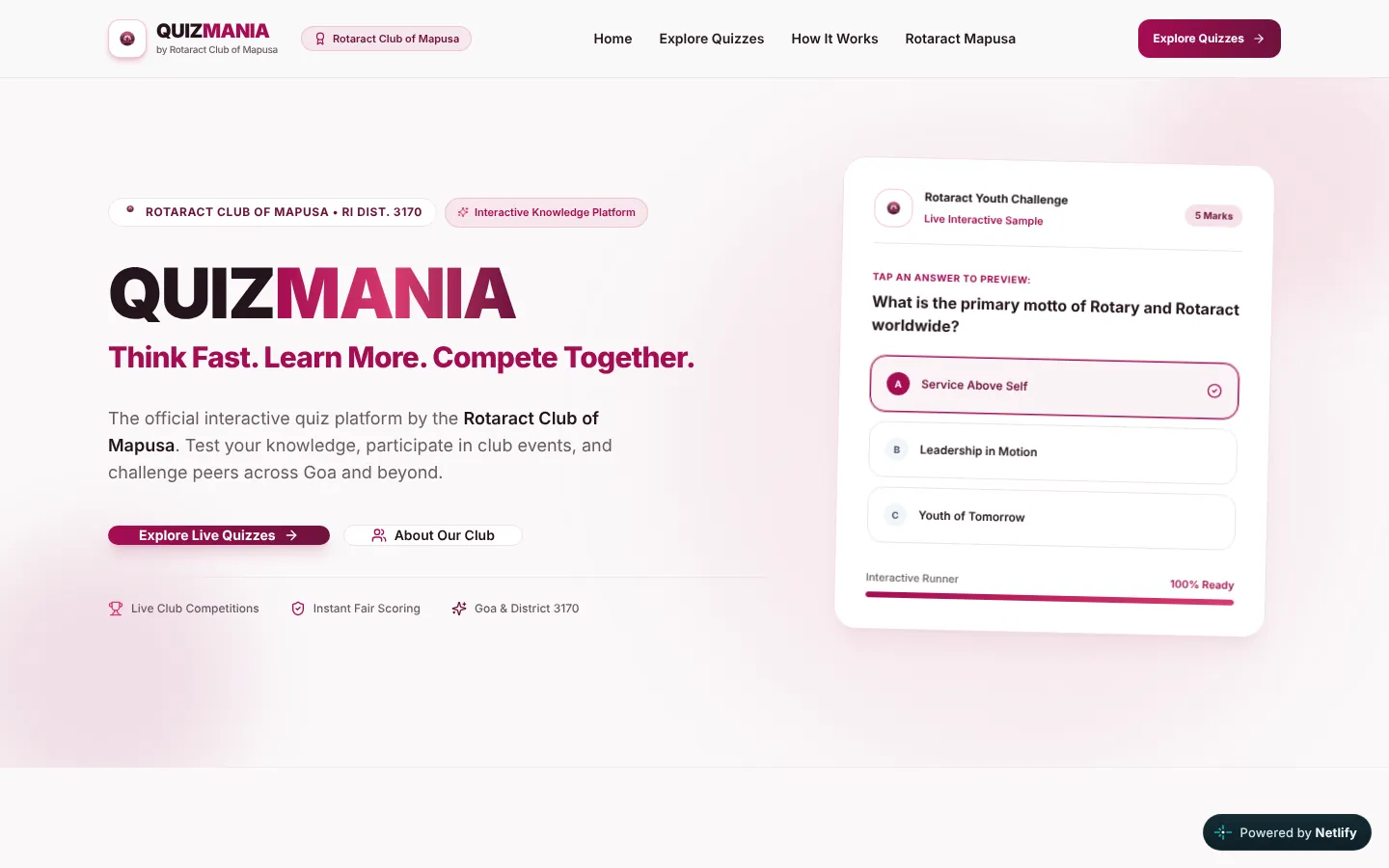 QuizMania website, home screen