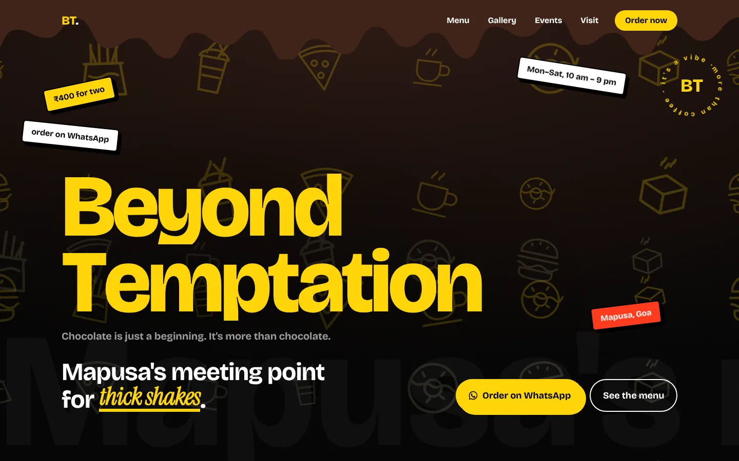 Beyond Temptation website hero: giant yellow wordmark on a chocolate background with sticker labels